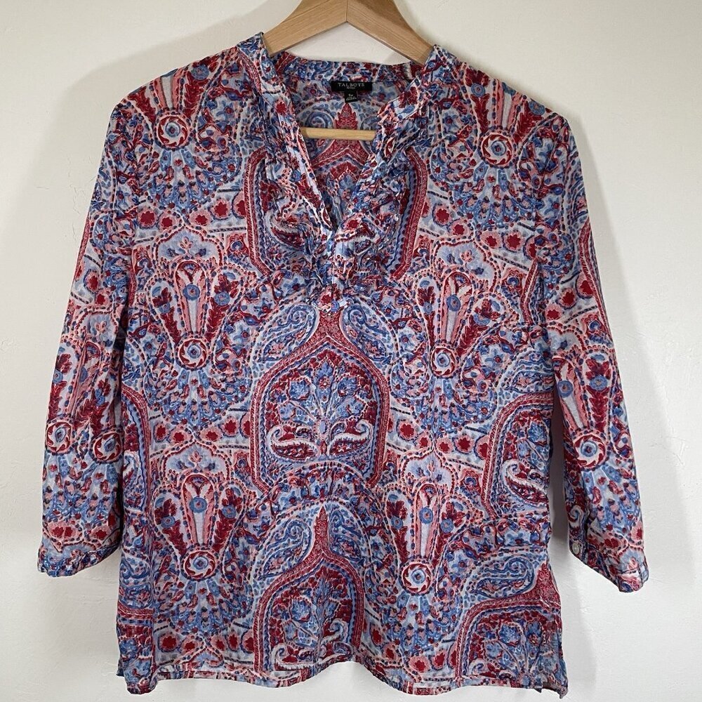 Talbots Popover Blouse Top Small Petite Red White Blue Paisley Art Ruffle V Neck
